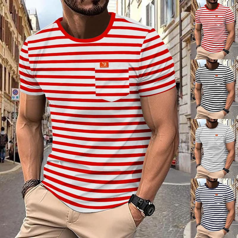 Man's Clothing Men's Plus-size Summer Men's Fashion Casual Striped Short-sleeved Top Men's Crew Neck T-shirt