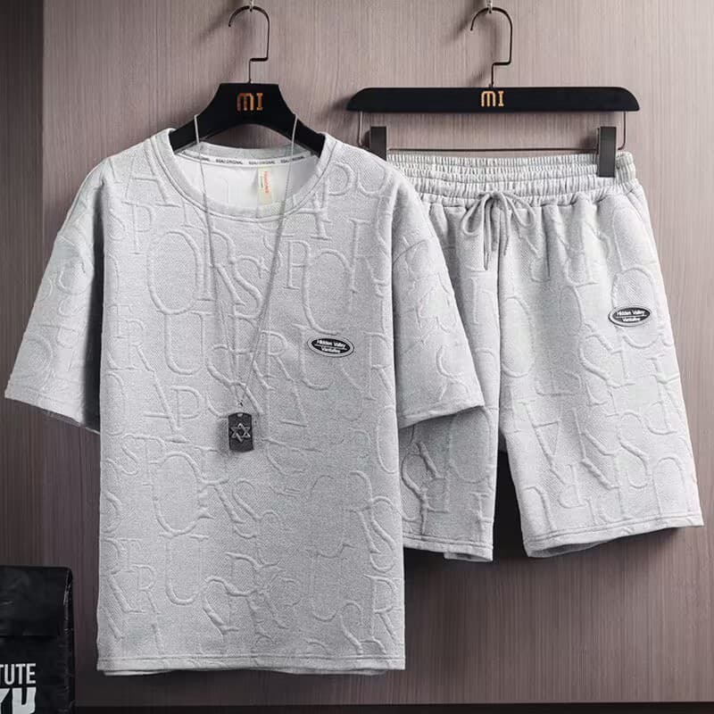 Men's Heavyweight Jacquard Short-Sleeved Suit Casual Sports Two-Piece Suit