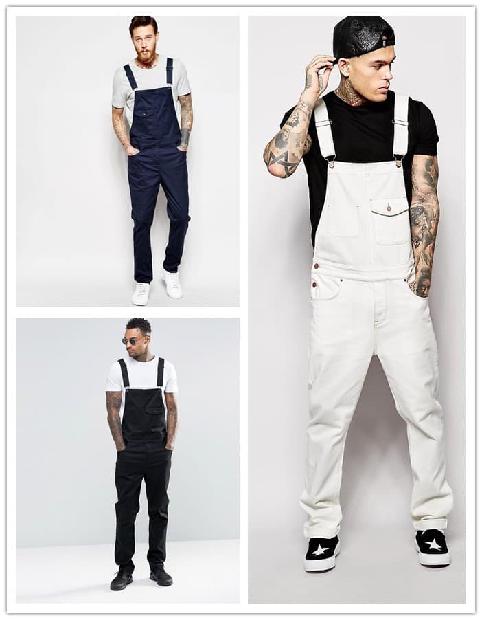 Men's Denim White Bib Pants Slim Fit Trousers Bib Pants