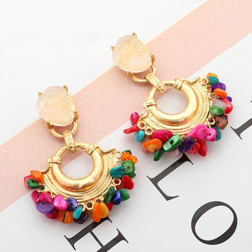 Fashion charm metal earrings exquisite fan shaped natural stone resin feminine temperament versatile earrings