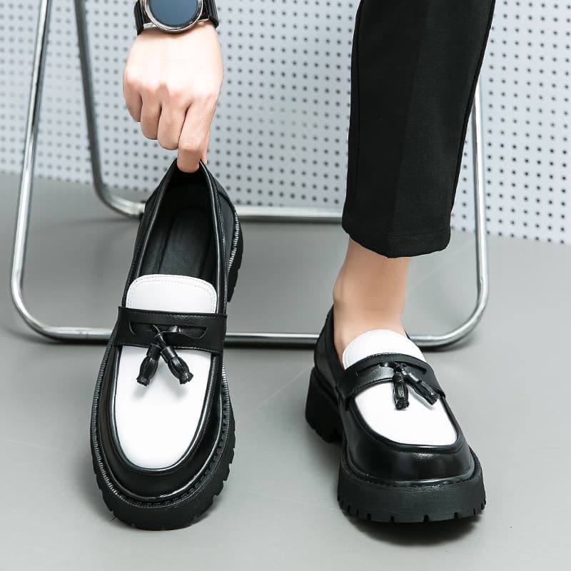 2025 Britih Style Men' Black And White Color Block For Short Stature Height Increaing Slip-On Thick Sole Leather