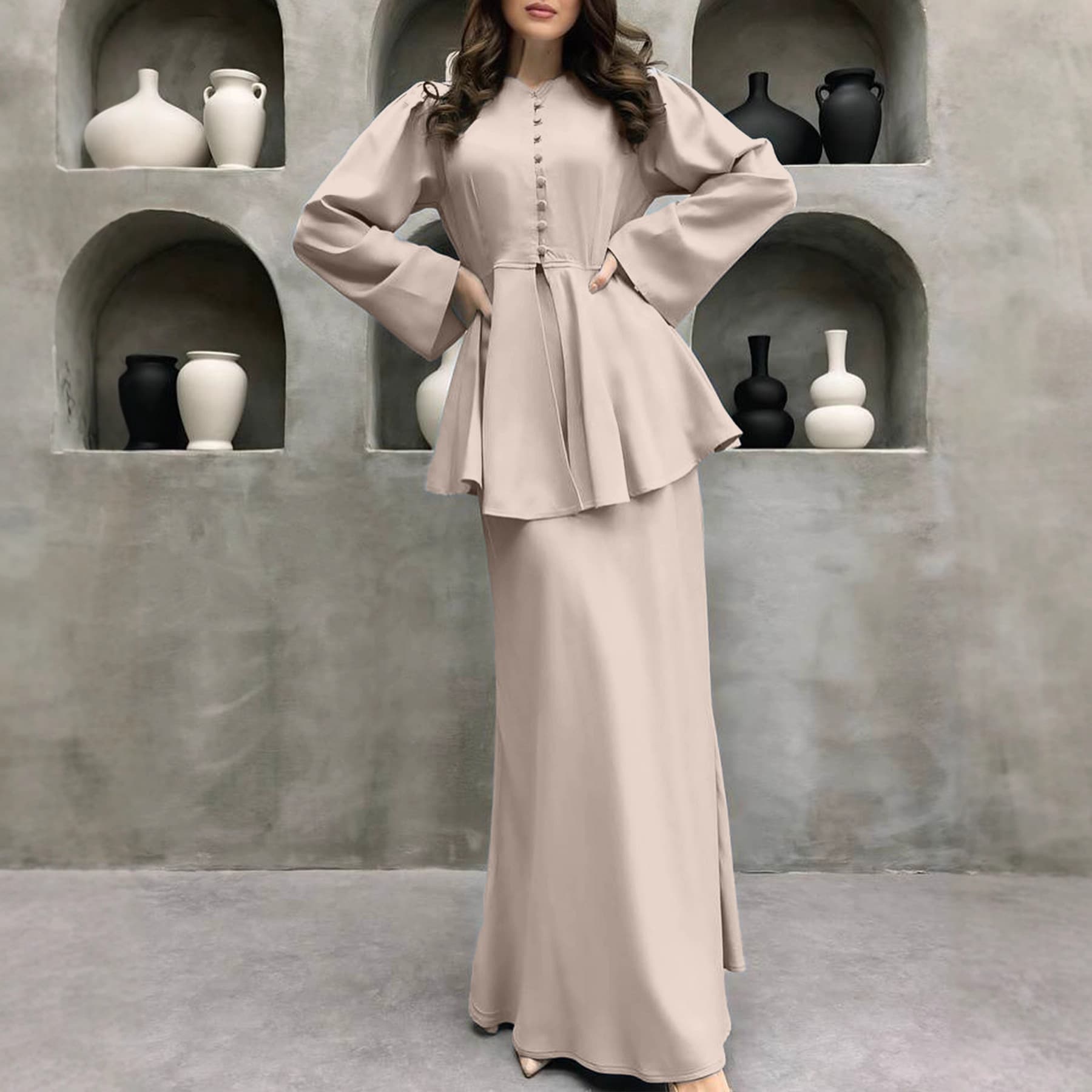 Elegant Muslim Two-Piece Set: Modest Long-Sleeve Shirt + Maxi Skirt – Breathable Polyester, Versatile & Stylish For Women