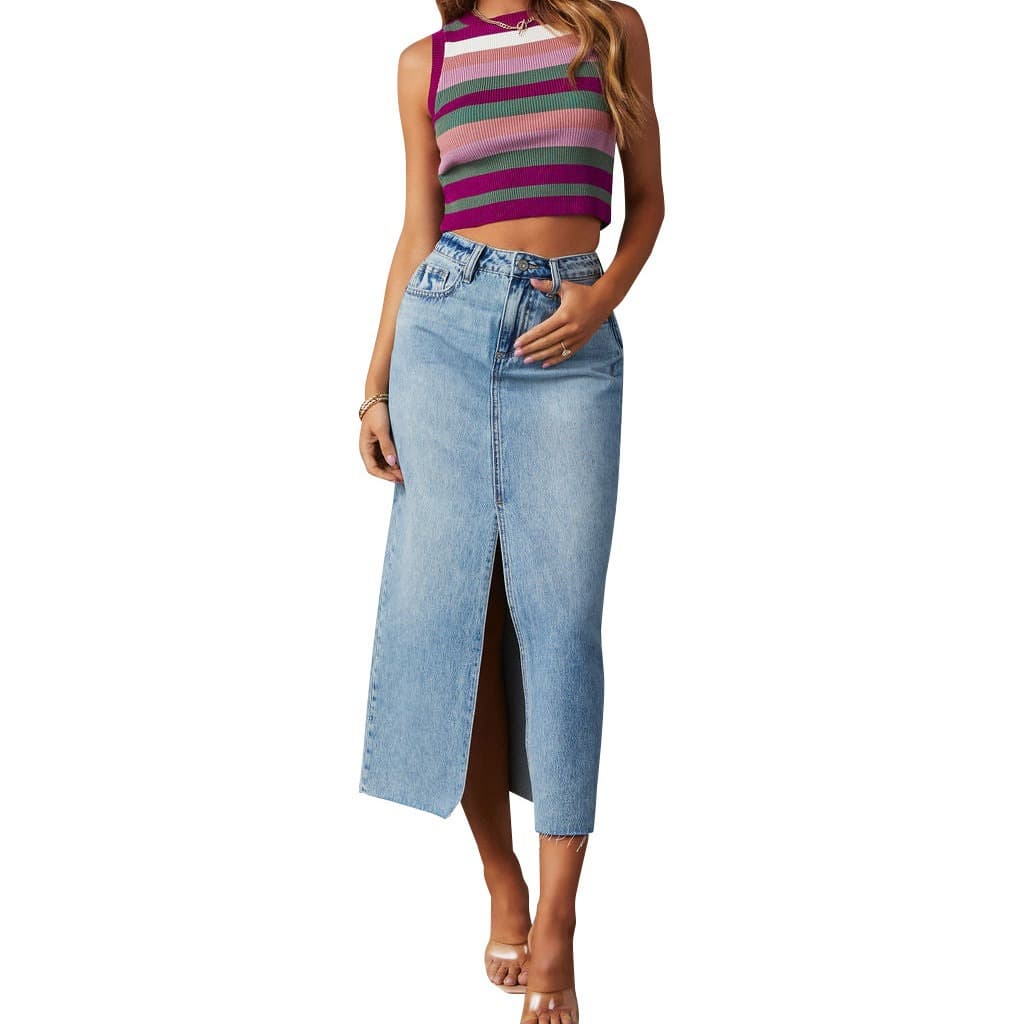 Women's Clothing High Waist Washed American Style A Line Skirt Mid Length
