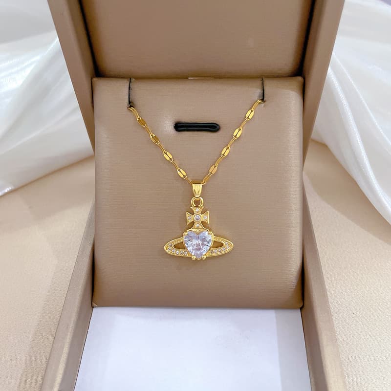 Gold Plated Stainless Steel Lip Chain Saturn Pendant Necklaces for Women Lady Shiny Luxury Zircon Charm Pendant Choker Jewelry Gifts