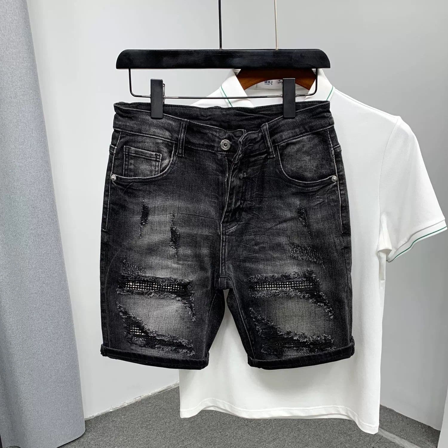Men's Clothing Black Ripped Washed Denim Shorts Summer New High Waist Loose Slim Wide Leg Mid Length Pants