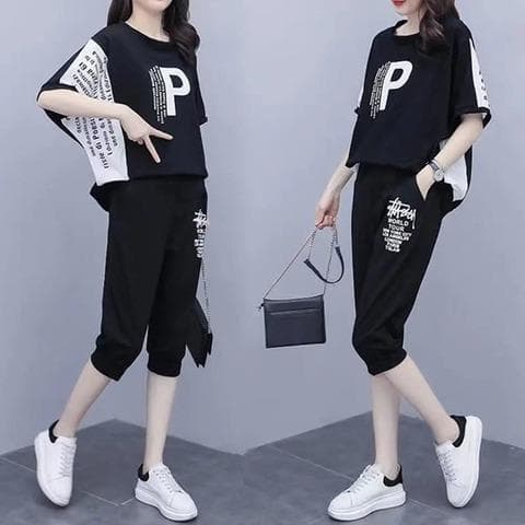 Women's loose belly-covering sportswear large size short-sleeved casual summer women's cropped pants suit two-piece set