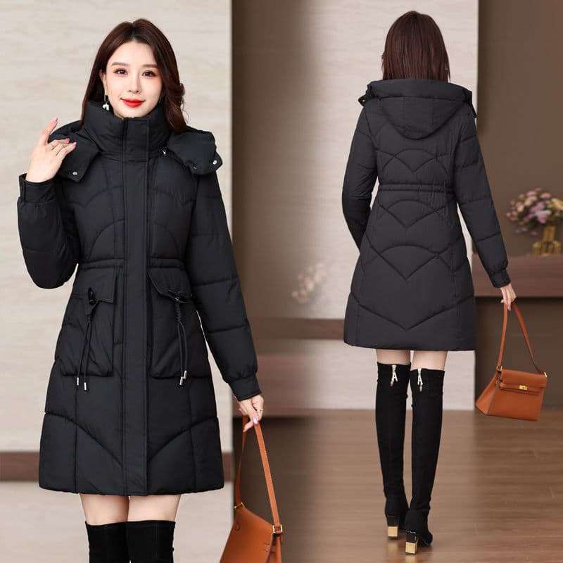​Women's Winter Long Coat With Horn Buttons - Thickened Cotton Padded Jacket For Middle-Aged Women, Elegant And Warm Outerwear​