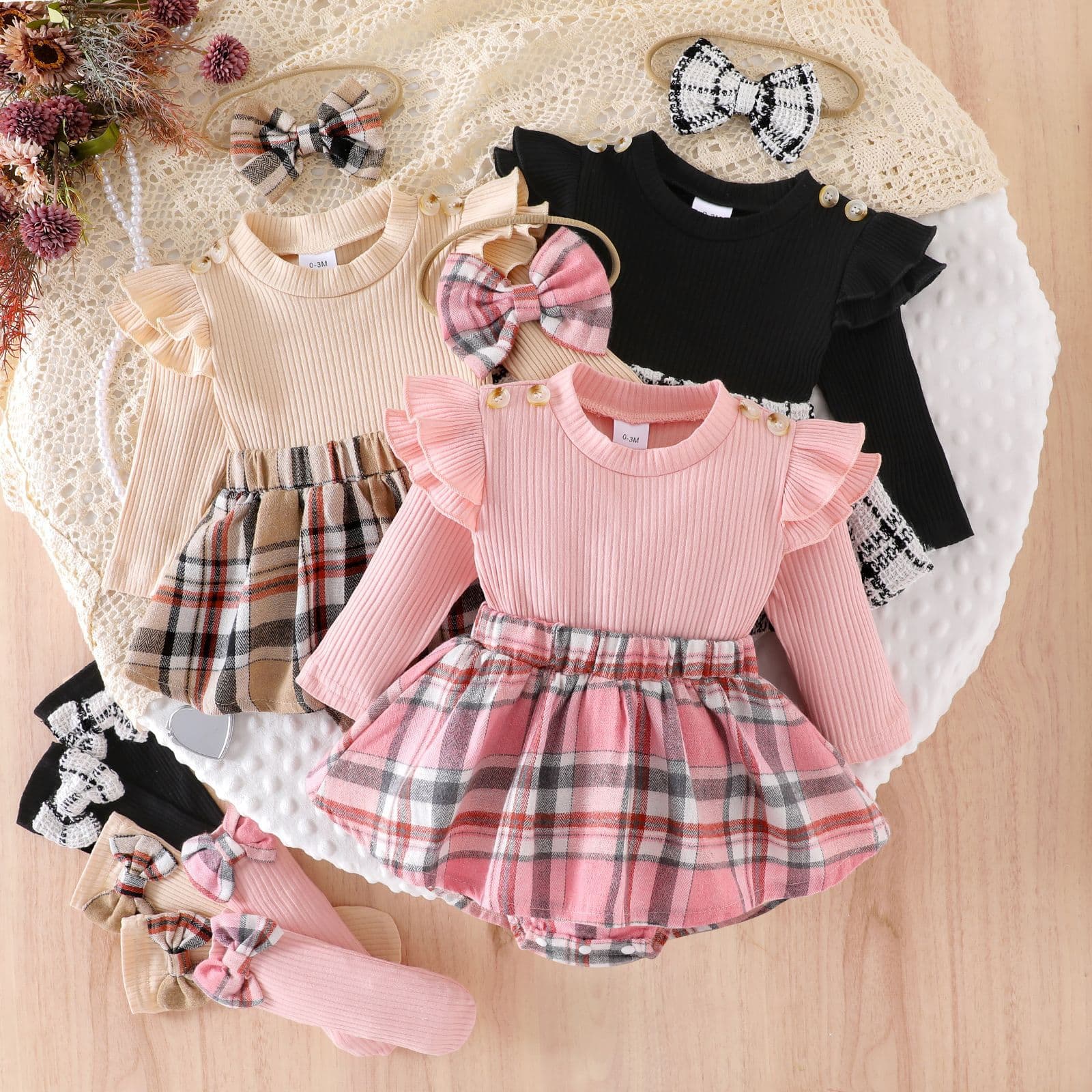 Mother & Kids Chic Knit Sleeveless Bodysuit & Socks Set For Baby Girls - Soft Cotton 3-Piece Outfit With Headband (Black/Khaki/Pink, 0-18M)​