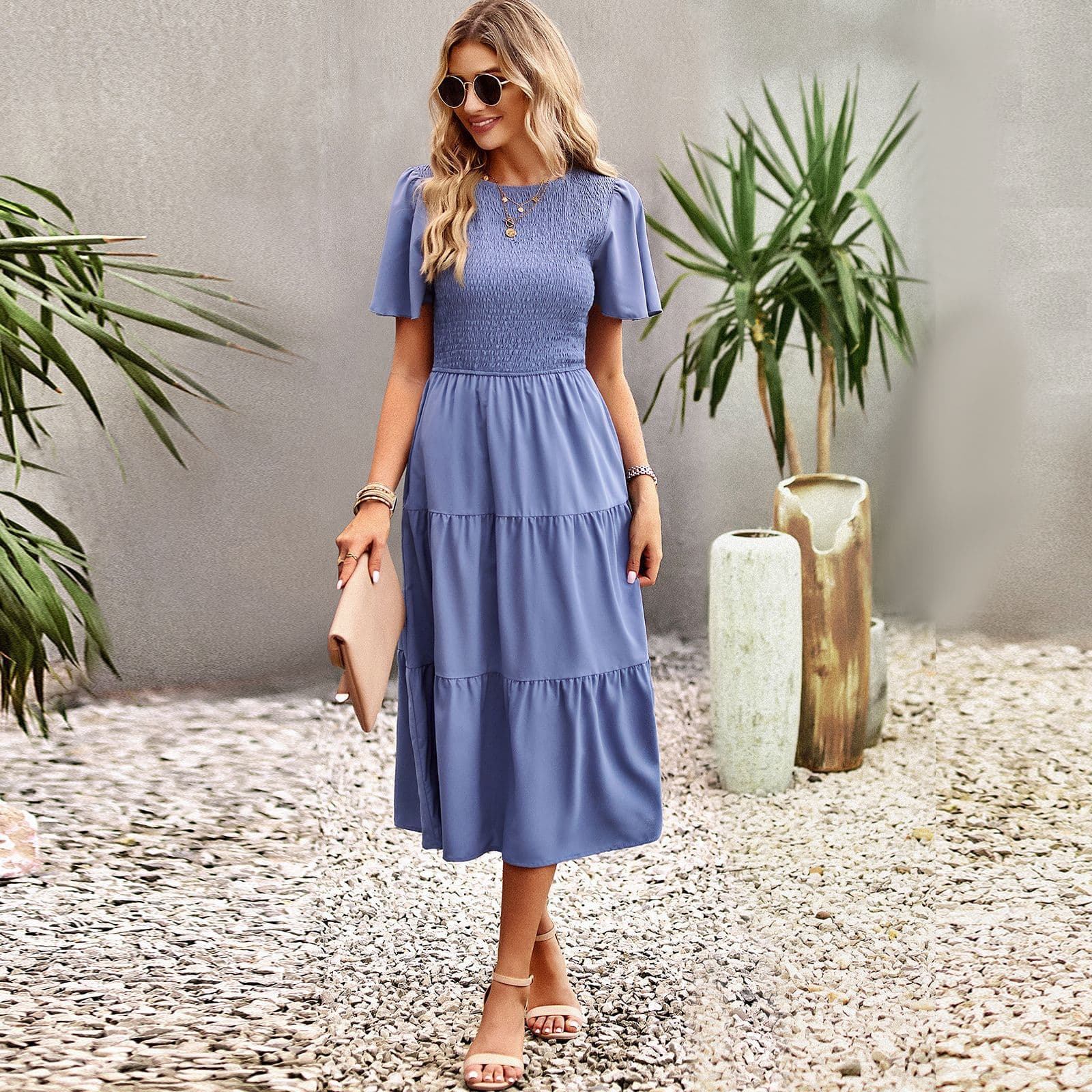 Women's Clothing Floral Print Fit & Flare Dress - Smocked Waist Summer Maxi Dress With Full Skirt For Vacation​