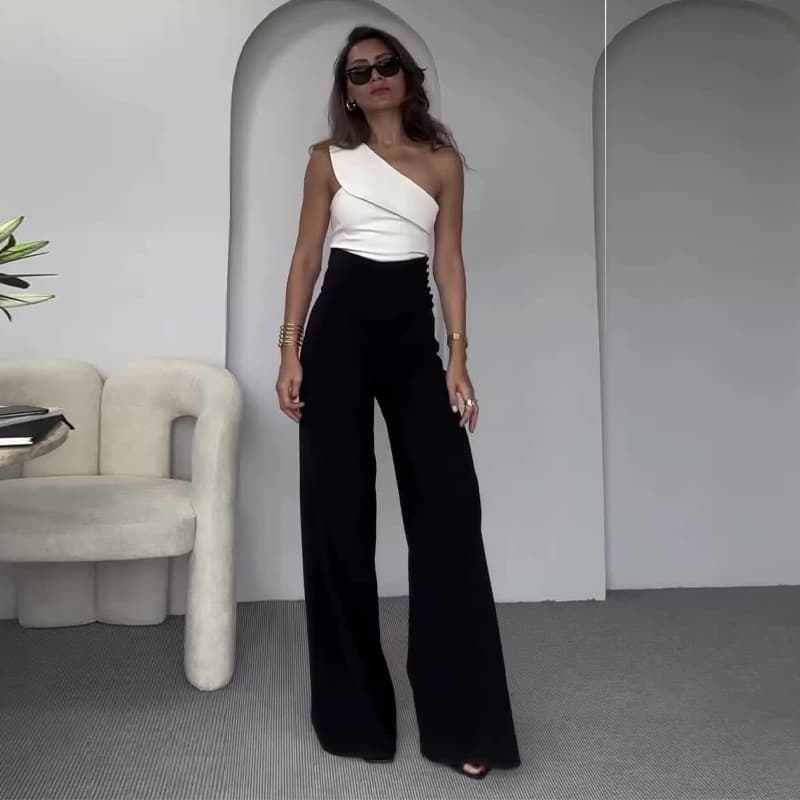 Women's Clothing summer new fashion solid color oblique collar slim fit top high waist wide leg pants suit