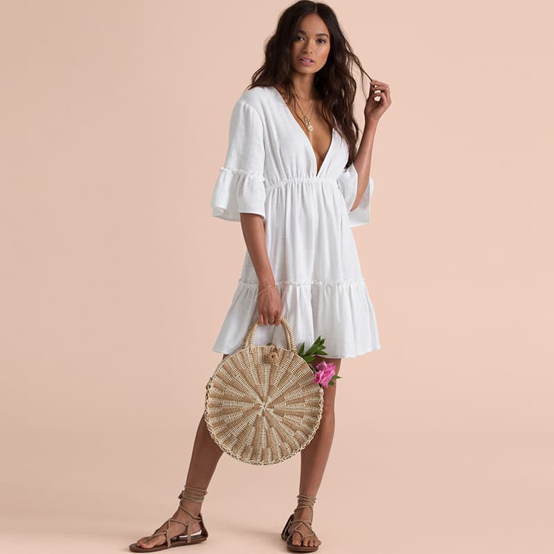 pleated V-neck backless trumpet sleeve beach sun protection clothing vacation skirt swimsuit outer cover-up