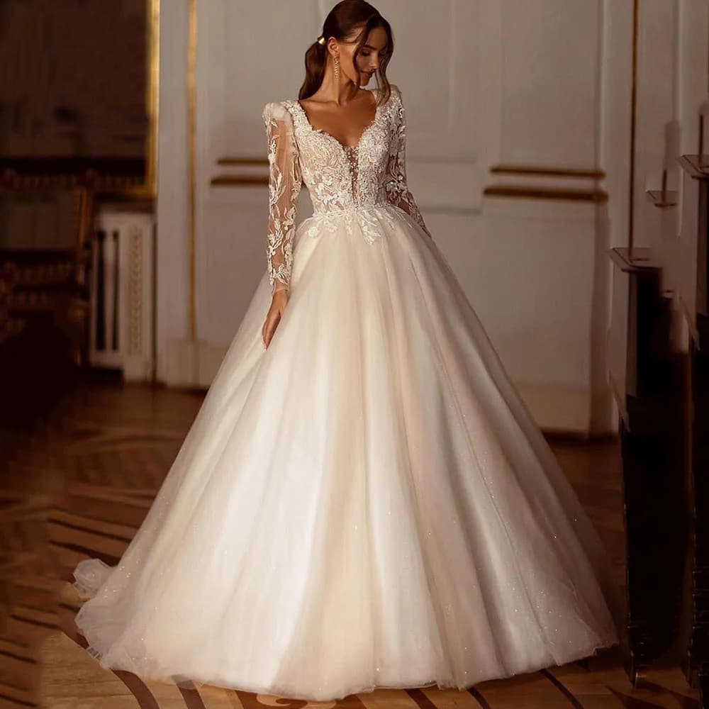 Women's fashion V-neck bride Mori slim-fit lace wedding dress