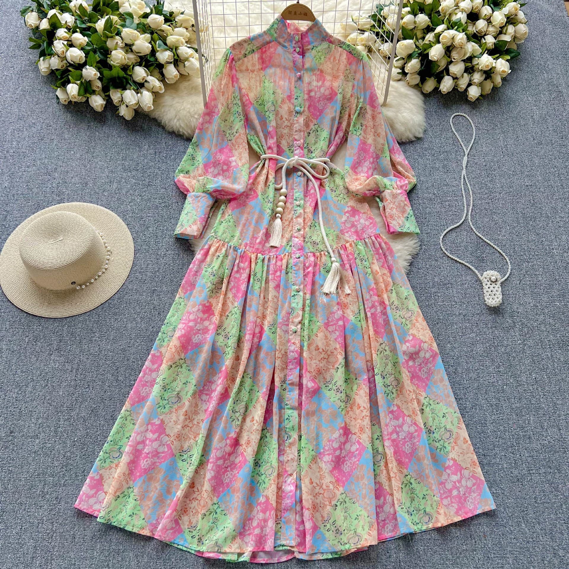 Women's Spring and autumn thin long-sleeved stand-up collar high-end printed chiffon dress loose lace-up waist vacation long skirt