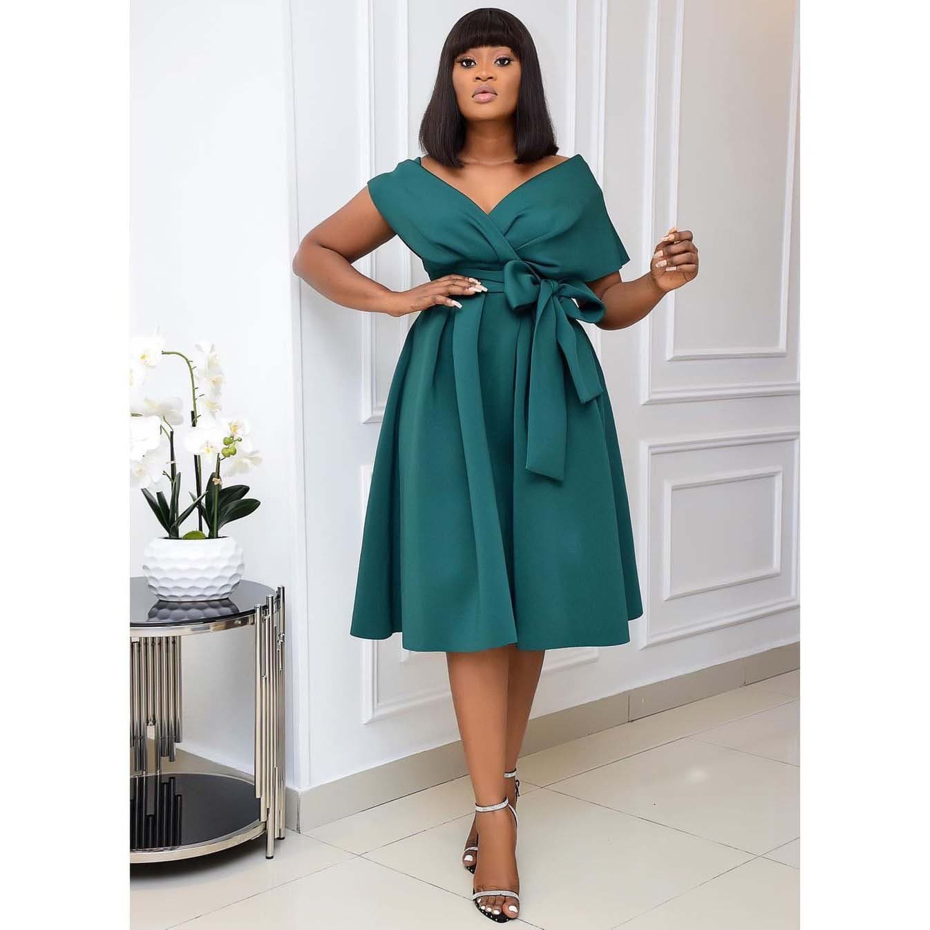 Women's short-sleeved V-neck off-the-shoulder evening dress