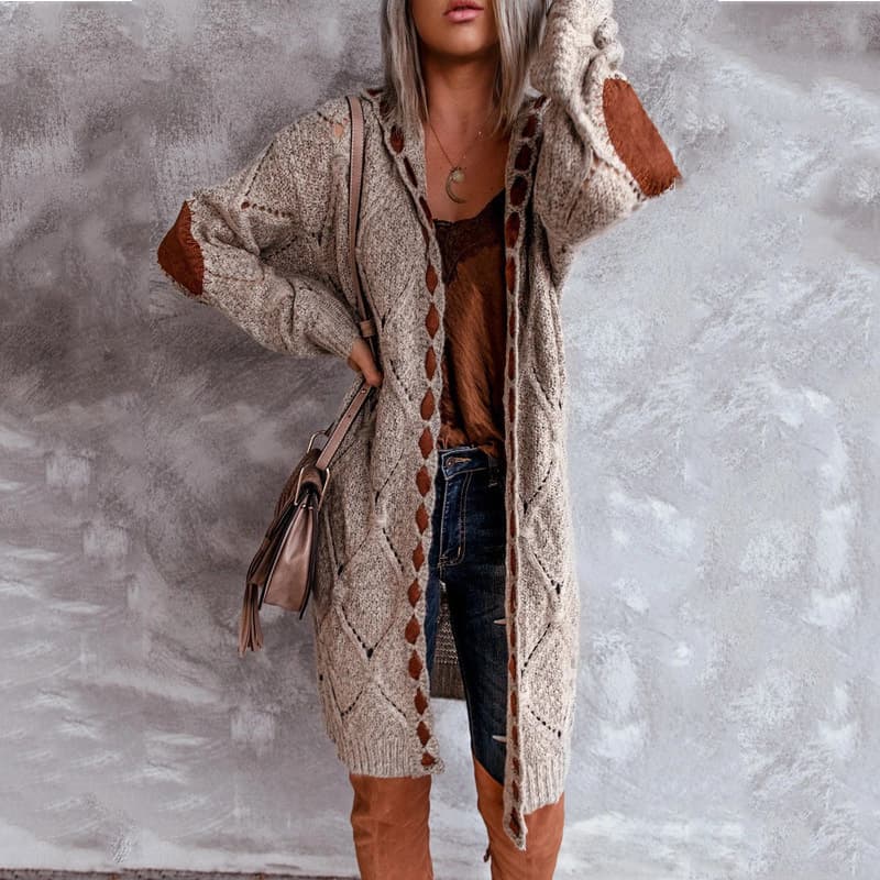 Women's clothing sweater women's hooded color-blocked sweater long-sleeved mid-length coat