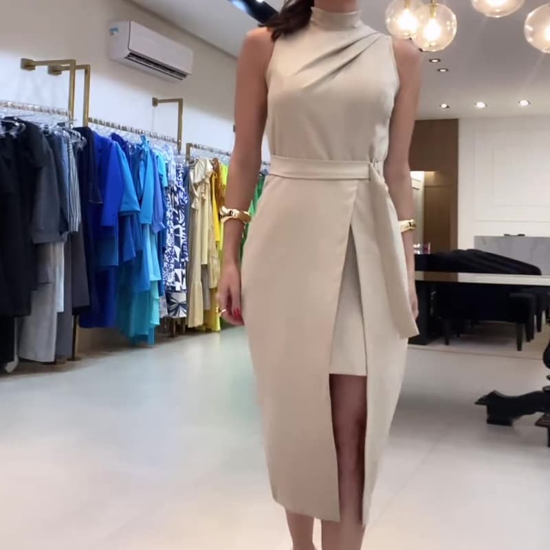 Women's clothing solid color fashion round neck pleated slit slim dress