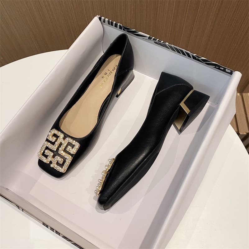 2023 summer new evening wind shallow mouth thick heel low top Korean version soft sole women's shoes genuine leather all-match