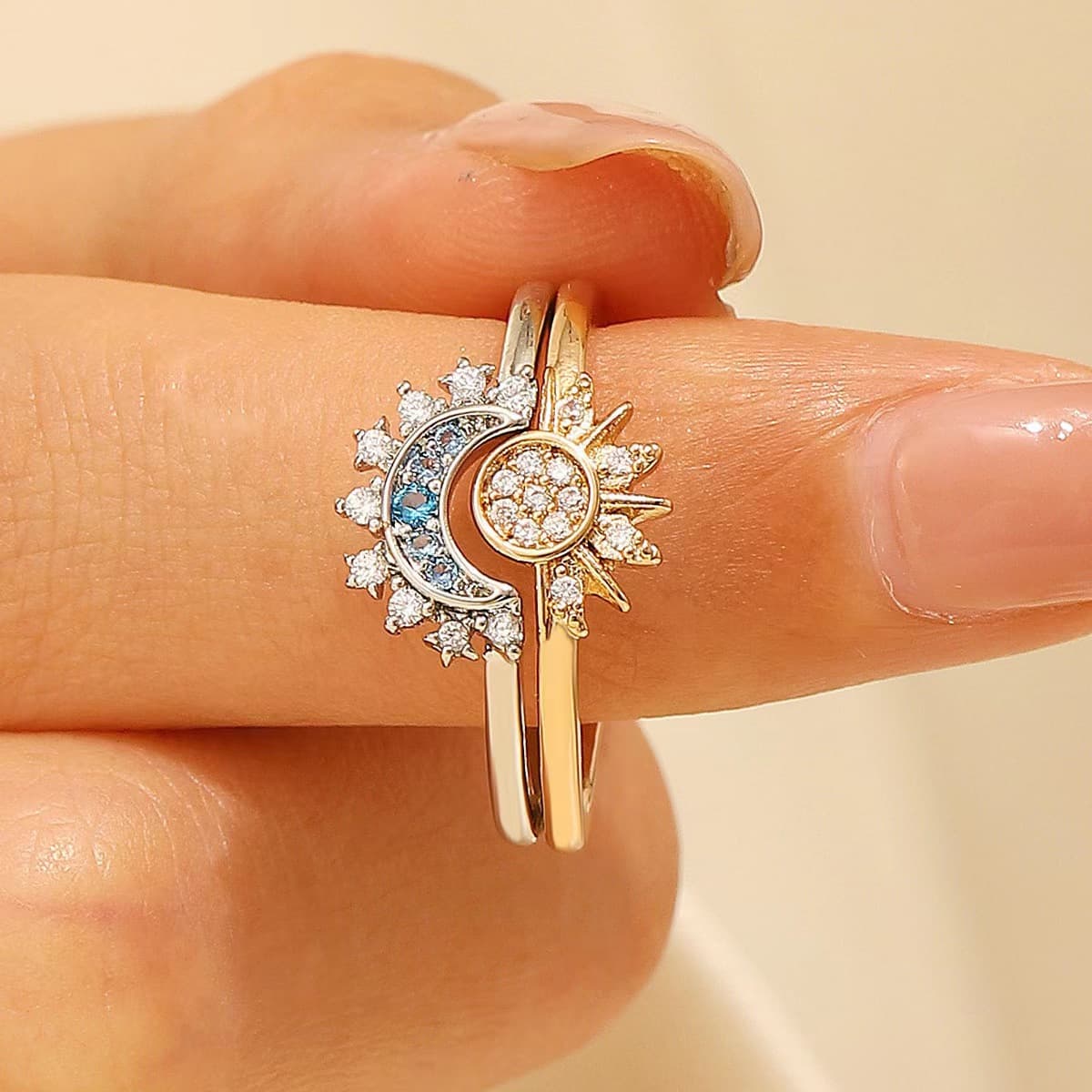 New Blue Simple Sun Moon Diamond-Studded Stacking Astral Couple Rings Set