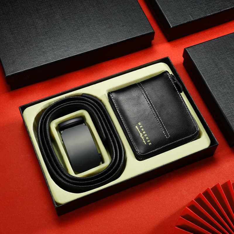 【 Gift Box Set 】 Men's Belt Wallet Set Cowhide Automatic Buckle Belt Wallet Gift Box In Stock