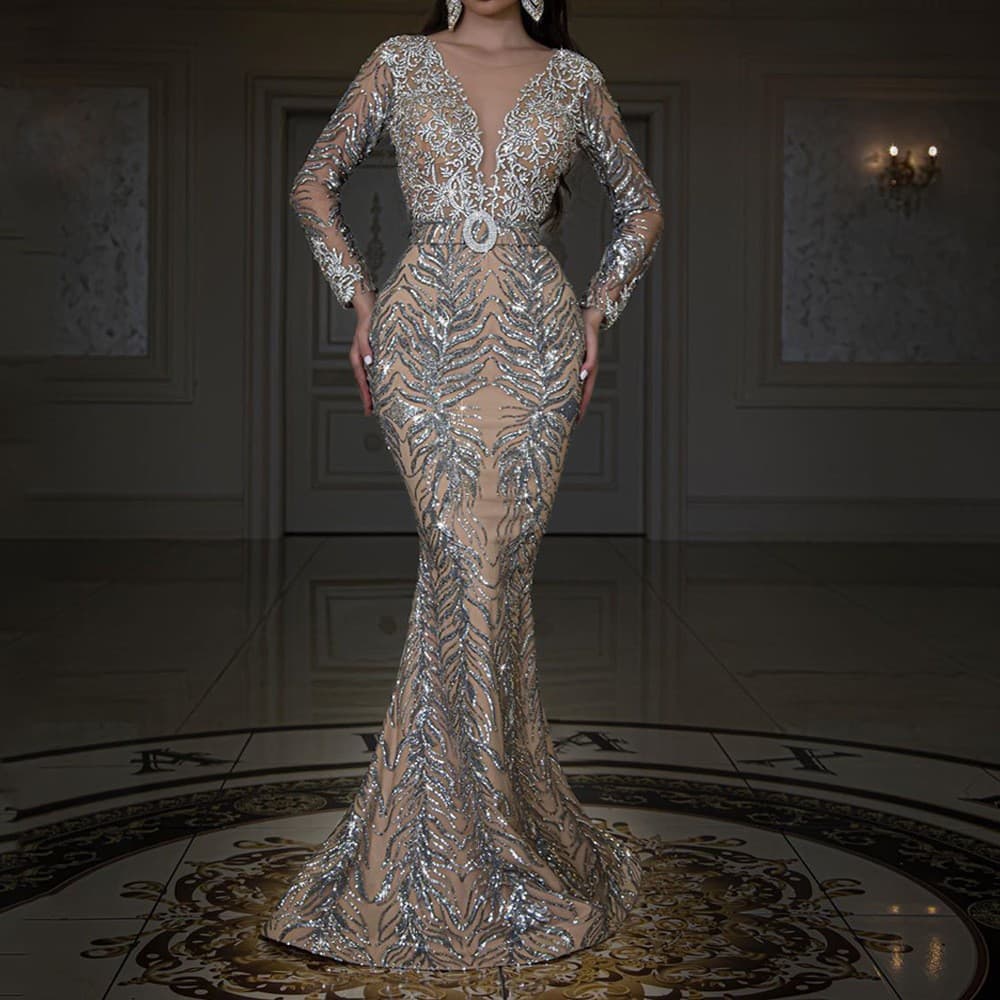 Women's Clothing Gold-stamped Long-sleeved Slim Sexy Fishtail Floor-length Evening Dress