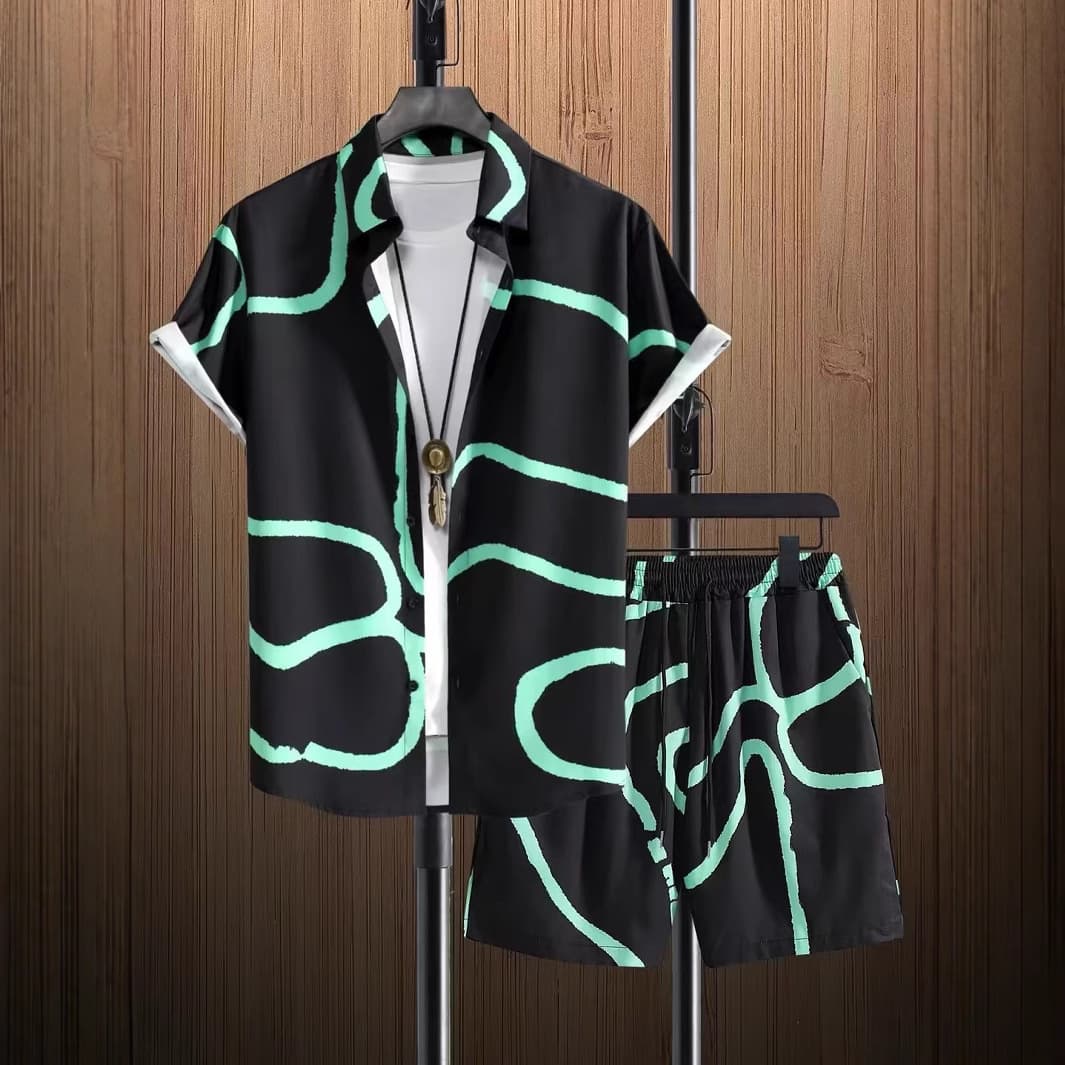 2025 New European American Cross-Border Casual Fashion Color-Block Short-Sleeve Shirt And Shorts Set