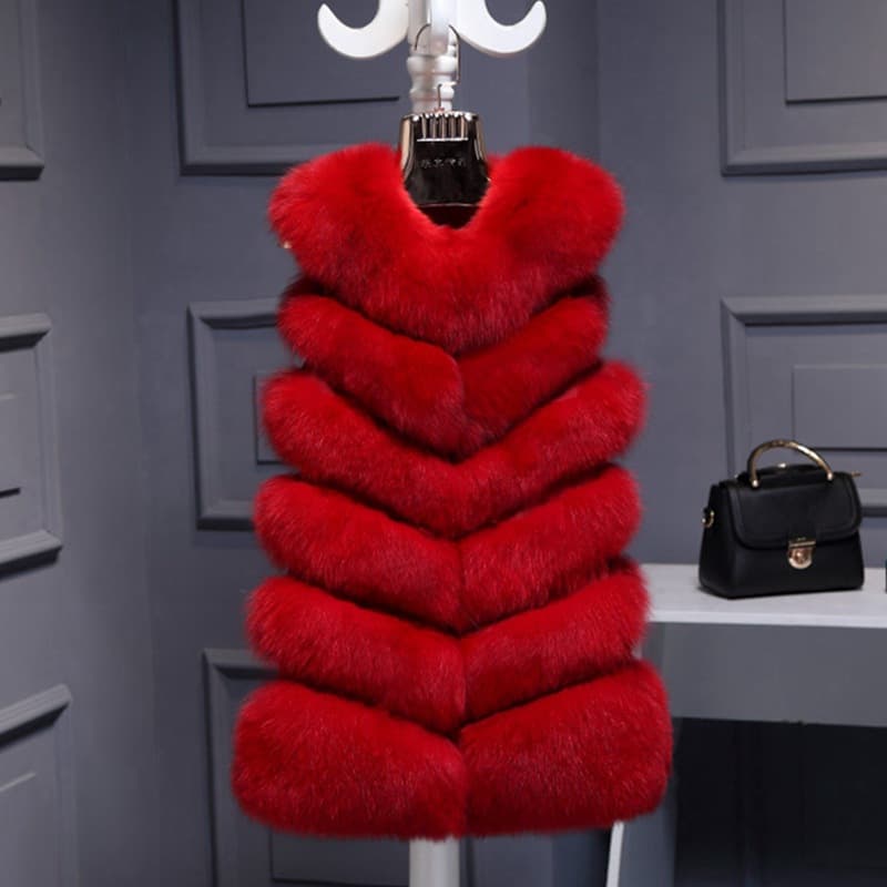 Gilet en fourrure de renard pour femme, coupe mi-longue, nouveau modèle