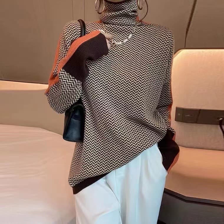 Women's Loose And Lazy Pile Pile Collar Cashmere Bottom Shirt Autumn And Winter Thousand Bird Check Turtleneck Sweater