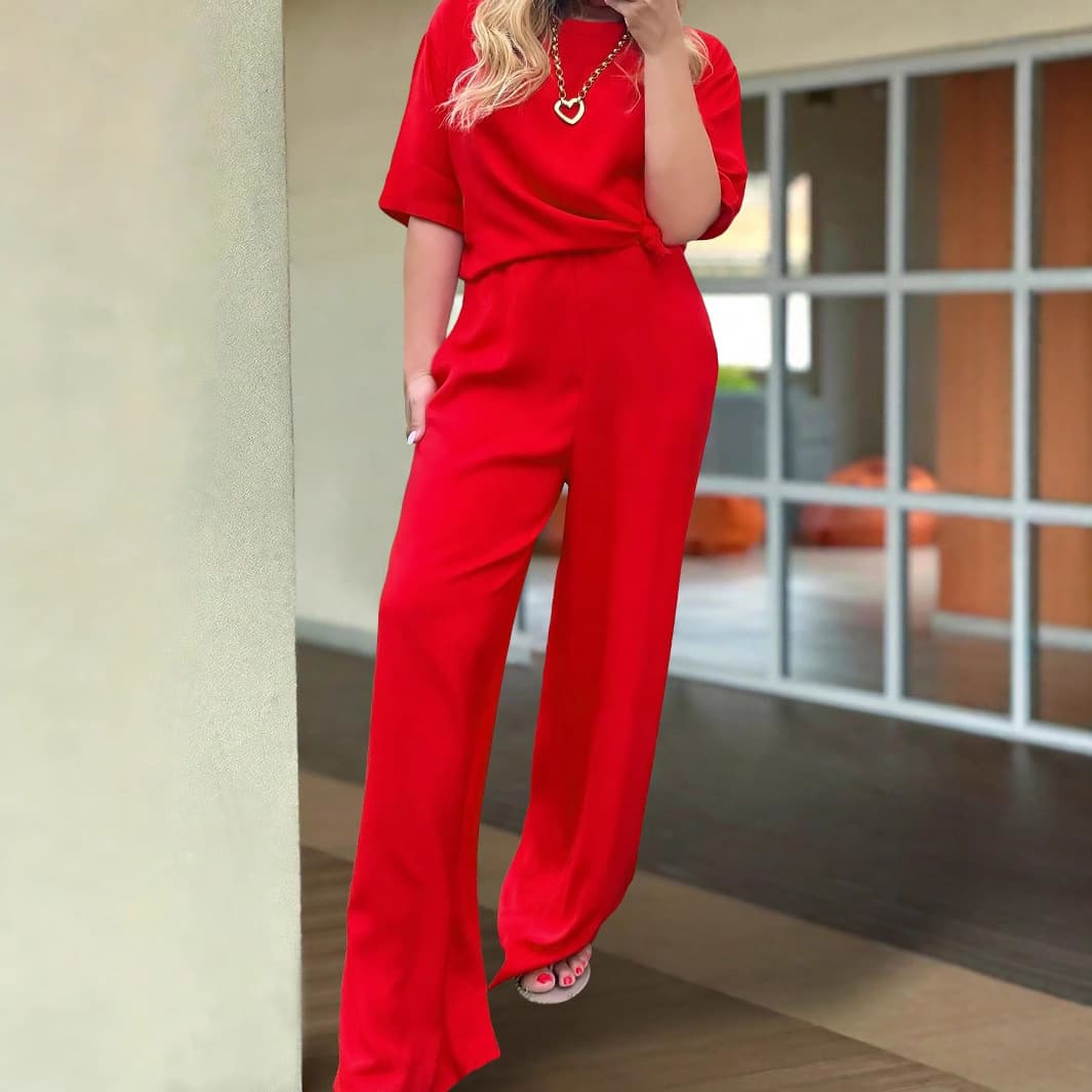 Ensemble d'été décontracté pour femme : pantalon uni, haut à manches courtes et col rond, taille élastiquée et poche.
