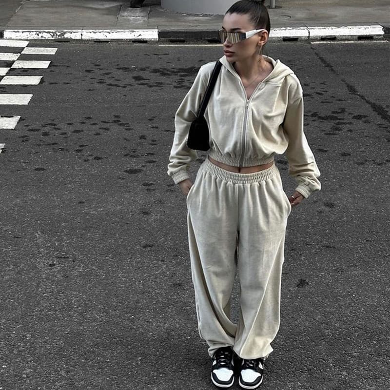 Women's Clothing Casual Suits Long Sleeved Hooded Cardigan Elastic Trousers Two Piece Suit