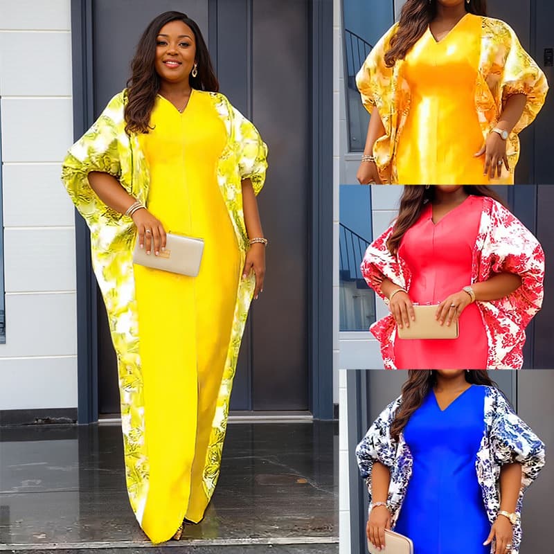 Boho Maxi Dress – Ethnic Print Batwing Sleeve Kaftan Dress For Women (One Size Fits Most, V-Neck, Long Flowy Skirt, Gold/Blue/Red/Yellow)