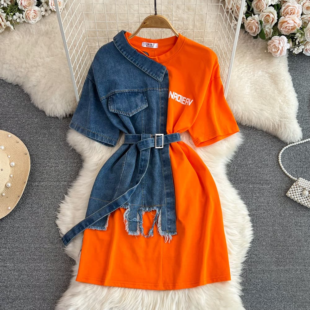waist Waisted Round Neck Color Block Denim Shirt Chic Casual Mid-length