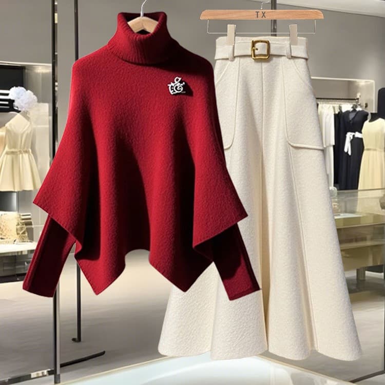 Women's Clothing ​​Elegant Winter Two-Piece Set – Mock Layered Top & Midi Skirt (Chenille Fabric, S-3XL)​​