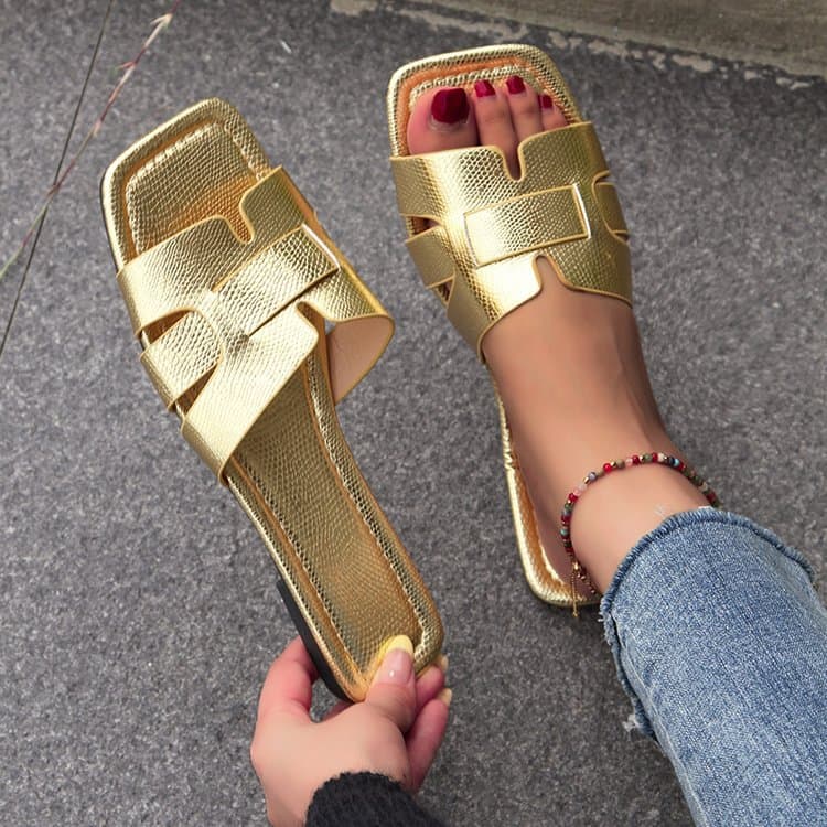 Women's shoes large size new fifteen colors women's slippers flat bottom square head leather stitching slippers women's sandals