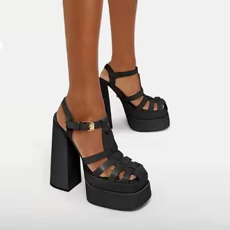 2025 Spring/Summer New Shoes One Button High Roman Women's Thick Heel Large Sandals