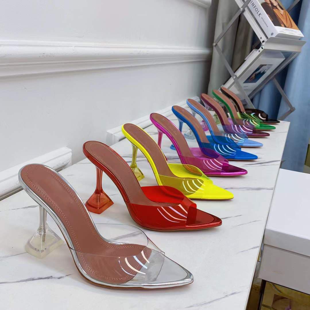 Transparent High 2021 New Slim Heels Square Head Summer Crystal Sandals Girl Fairy Slippers Women's Outwear