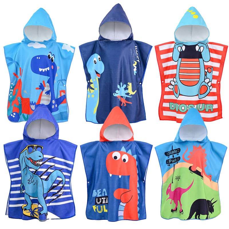 Kids Hooded Bathrobe Towel - Cute Cartoon Print Microfiber Beach & Swim Poncho (Ultra Absorbent, Quick-Dry, Soft & Cozy, Unisex, 30x60 Inches)​