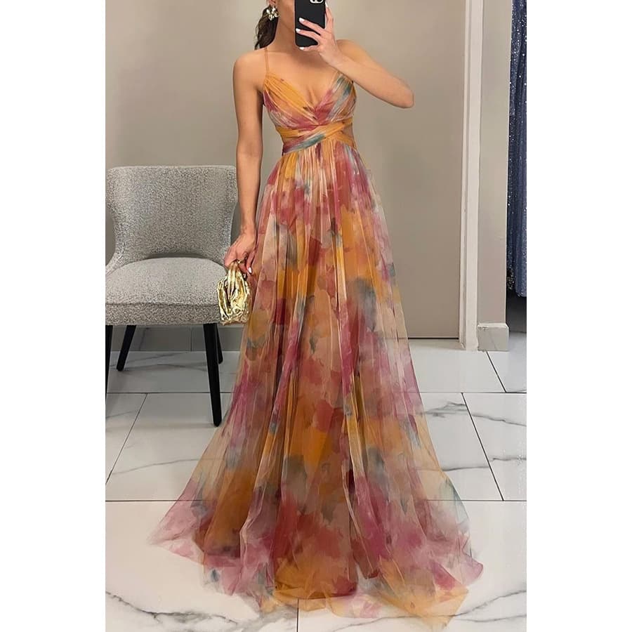 Women's Clothing New Mesh Printed Suspender Dress Ins Holiday Casual Party Dress