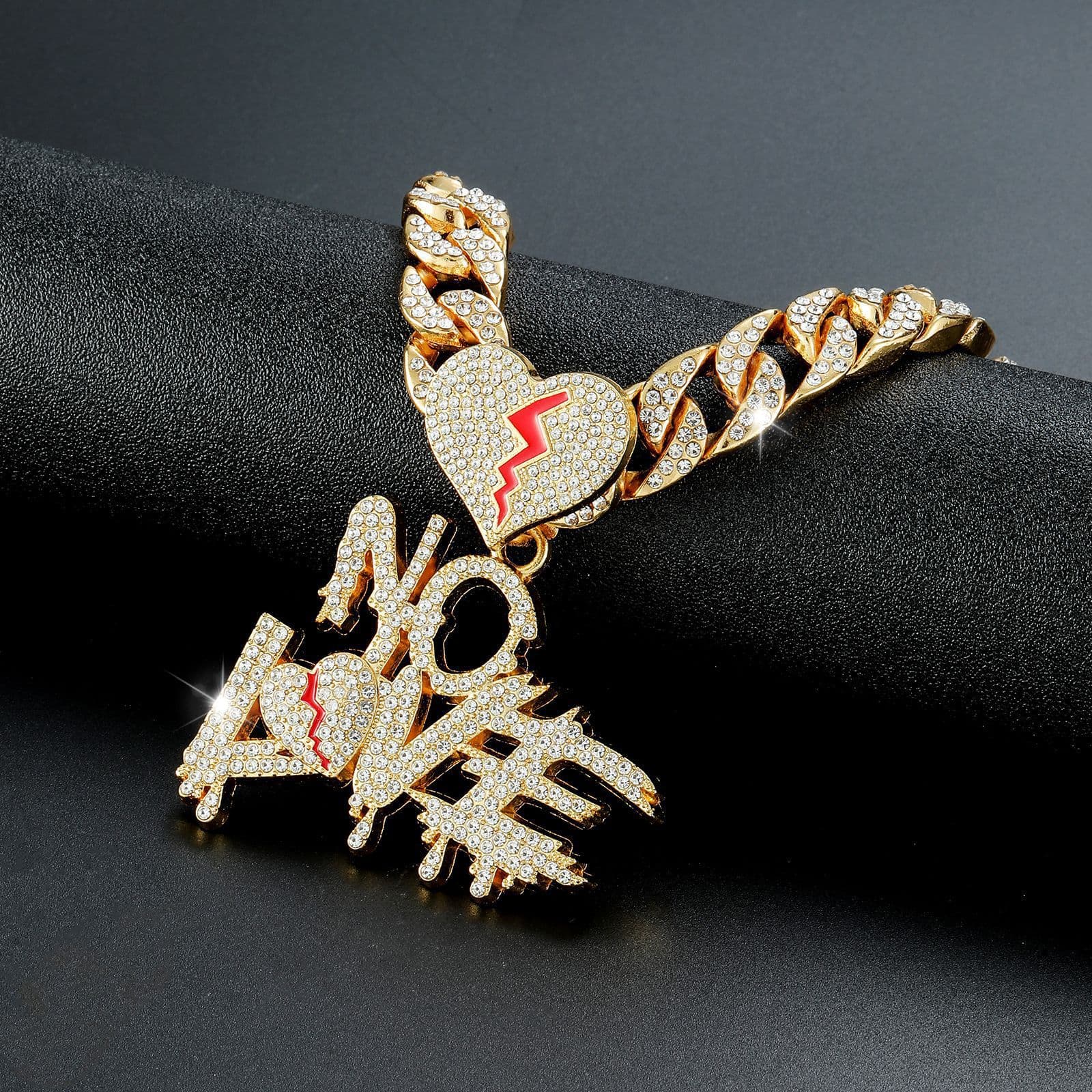 Fashion Jewelry Diamond NO LOVE English Letter Pendant Trendy Men's Personality Hip Hop Cuban Necklace