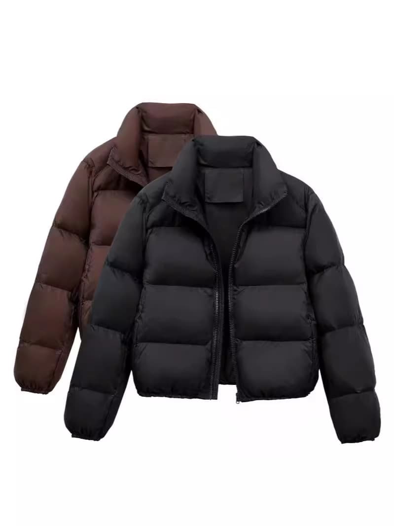 "Women's Short Puffer Jacket Winter Coat With Scarf Collar, Thickened Warm Zip Up Outerwear Loose Fit Casual Streetwear 3D Effect, Black, S/M/L"