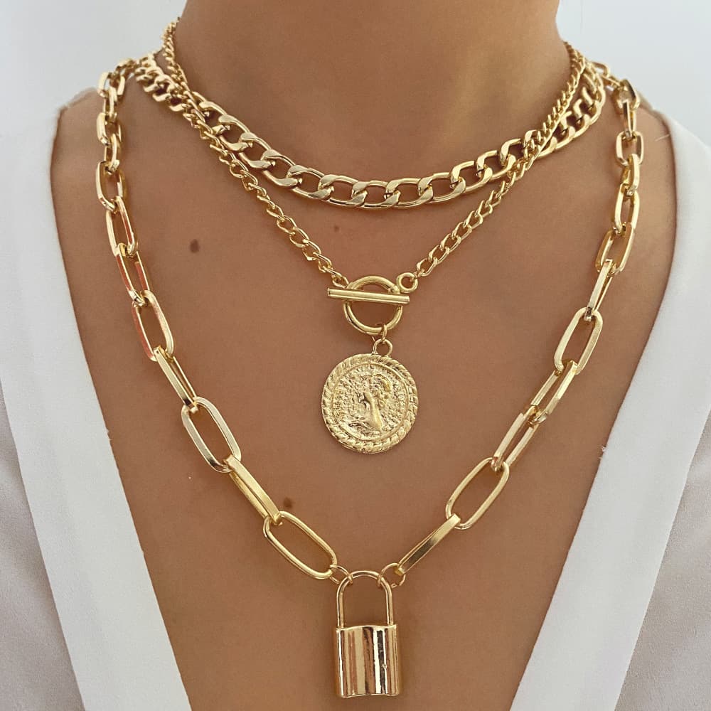 ​Elegant Women's Necklace Set - Minimalist Alloy Medallion Pendant With OT Clasp, Gold/Silver Layered Collarbone Chain