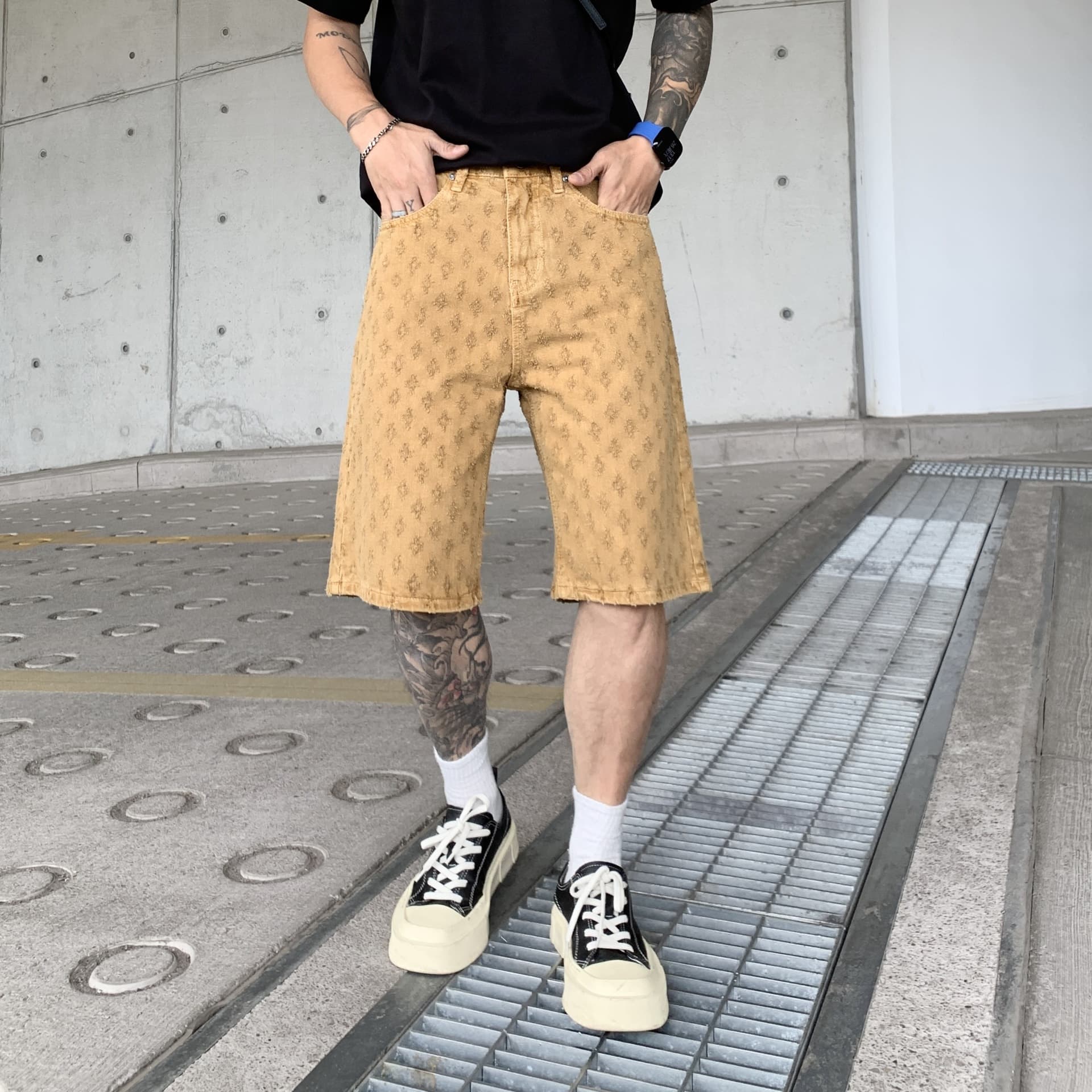 Men's Clothing New Trendy Korean Style Ripped Jacquard Denim Shorts Men's Summer Thin Loose Casual Men's Five Point Jeans