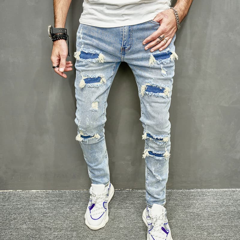 Men's clothing ripped stretch jeans black slim casual men's trousers