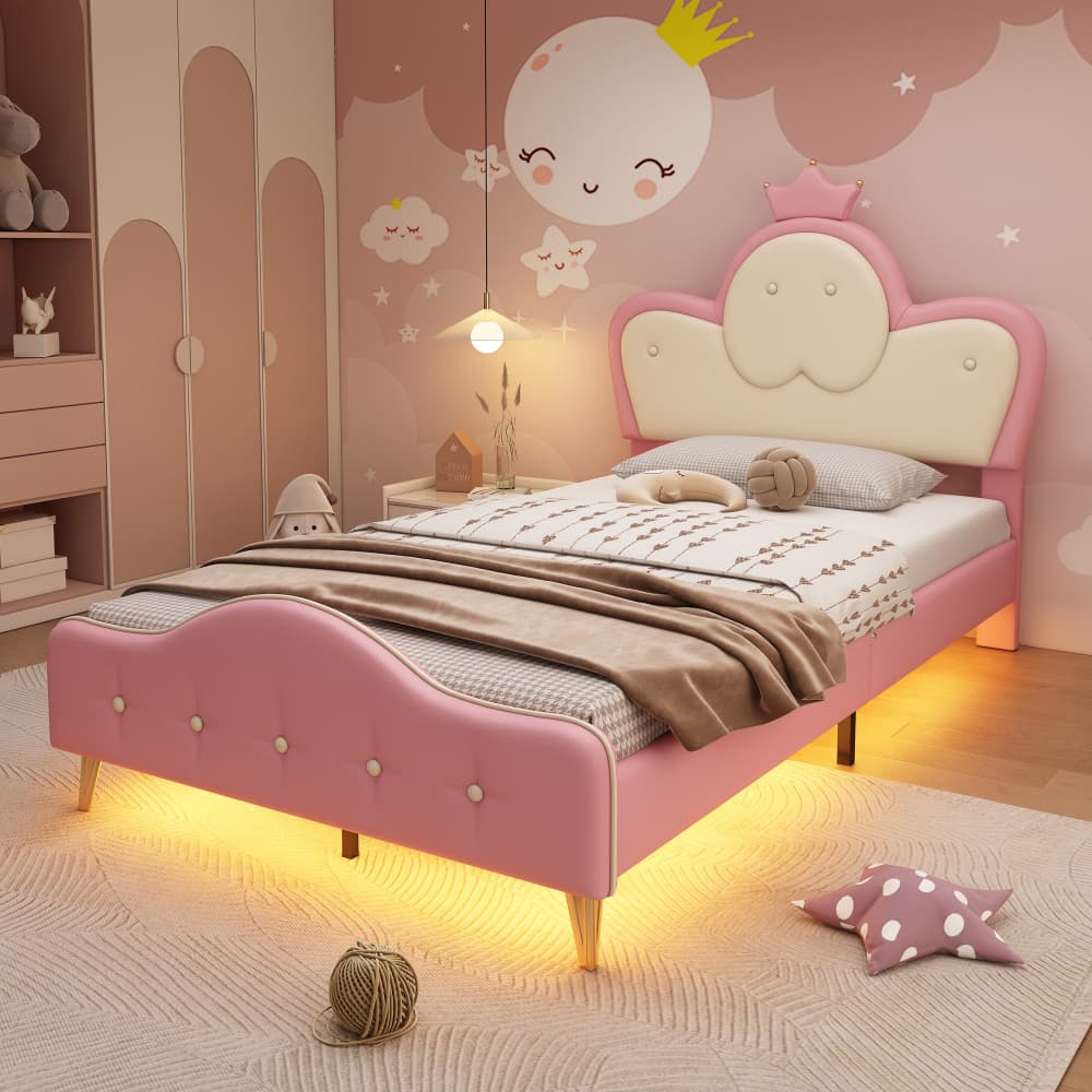 Polsterbett, Kinderbett, Mit Weichen Schutzkanten, LED-Streifen, Wellenform Mit Zugpunkt Am Kopfende Des Bettes, Einzelbett, PU, Rosa+Weiß,90x200CM