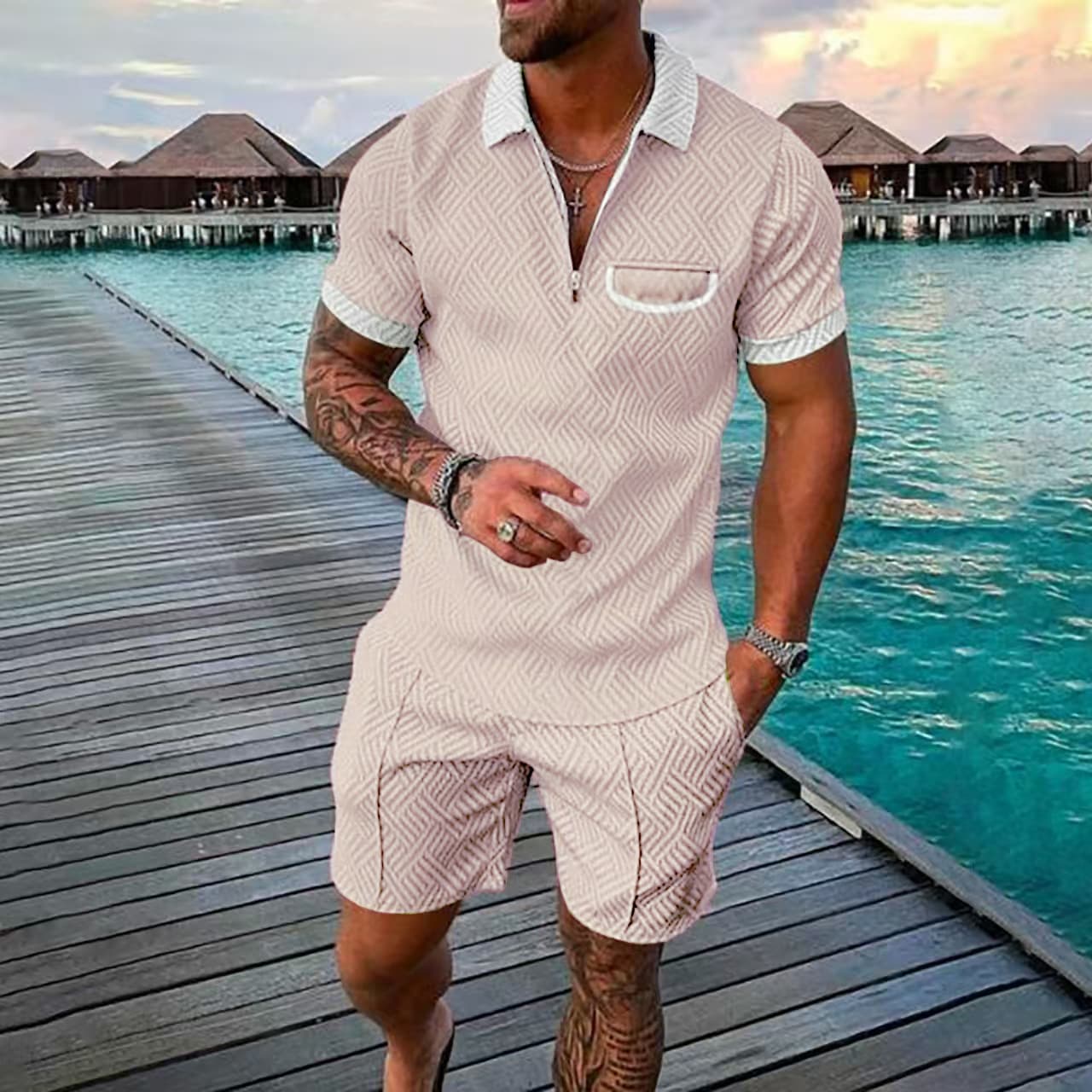 Men's Clothing New Men's Fashion Casual Suit 3D Digital Printing Zipper Short Sleeve Men's Shorts