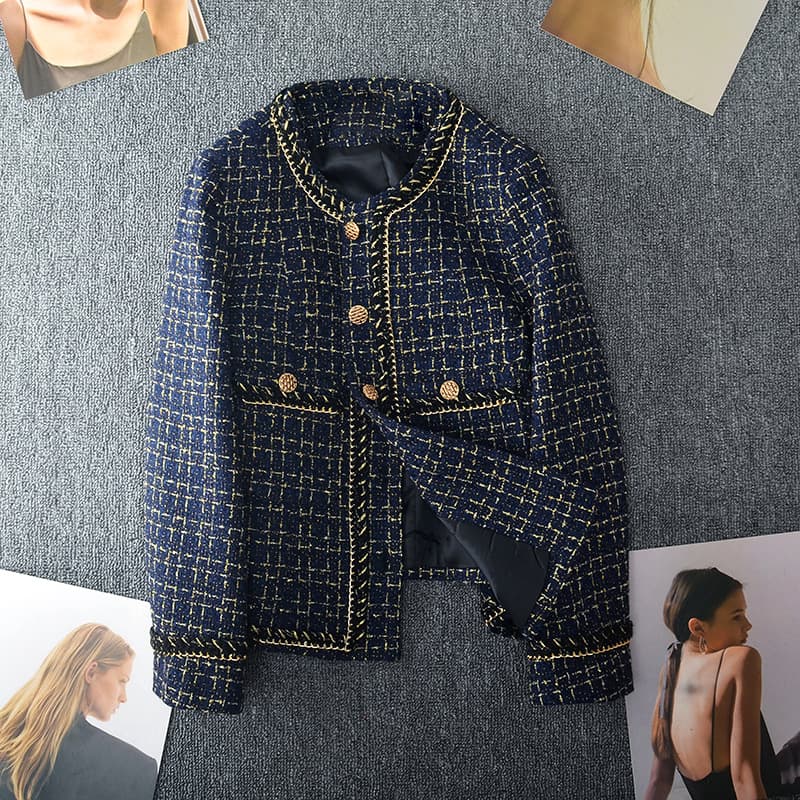 Women's Clothing New autumn and winter large size jacket for fat women blue plaid high grade tweed top