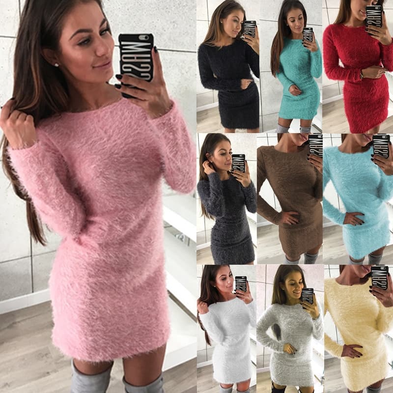 Women's Clothing women's new independent station slim long sleeved plush dress