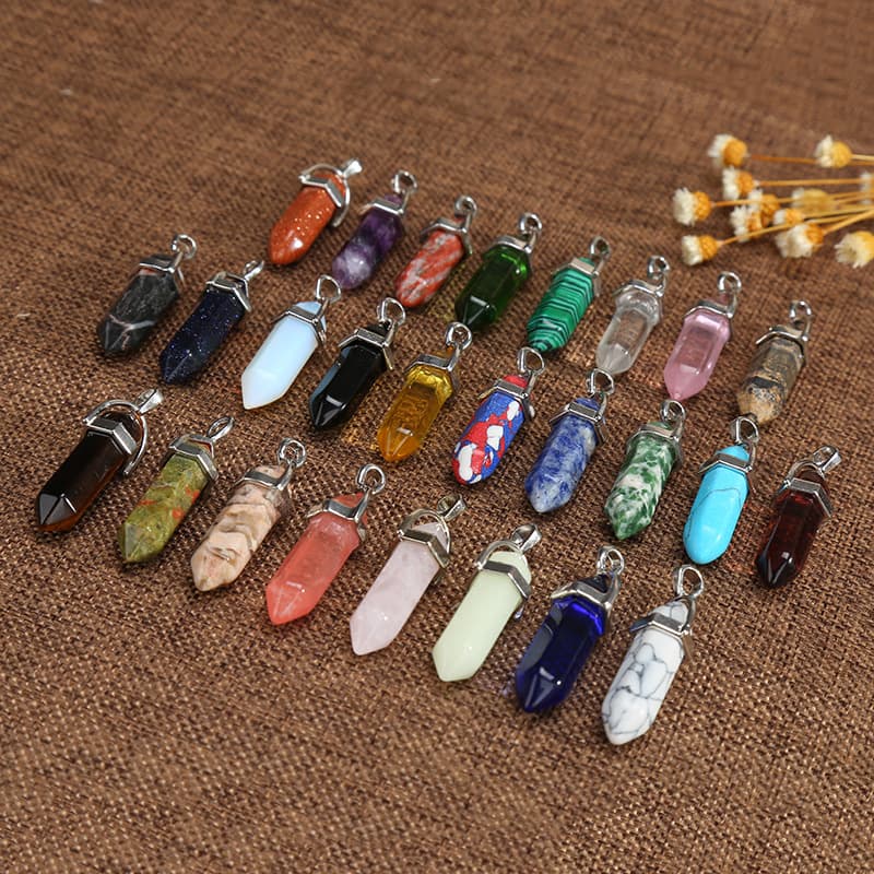 Natural Stone Amethyst Pink Crystal White Crystal Hexagonal Column Pendant Double Pointed Bullet Necklace Without Chain