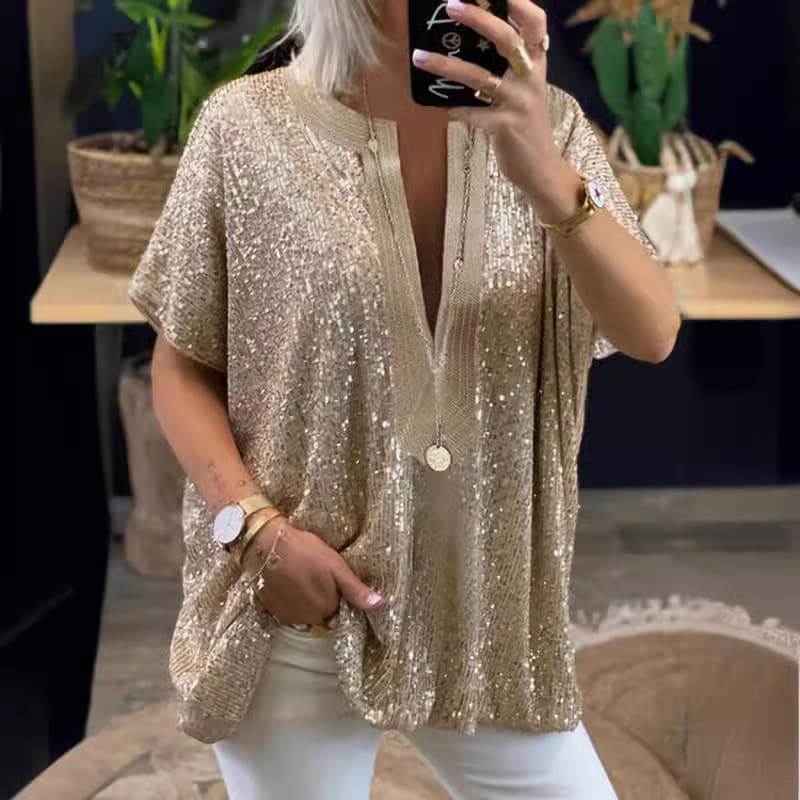 Women's Clothing deep V neck sequined stitching top