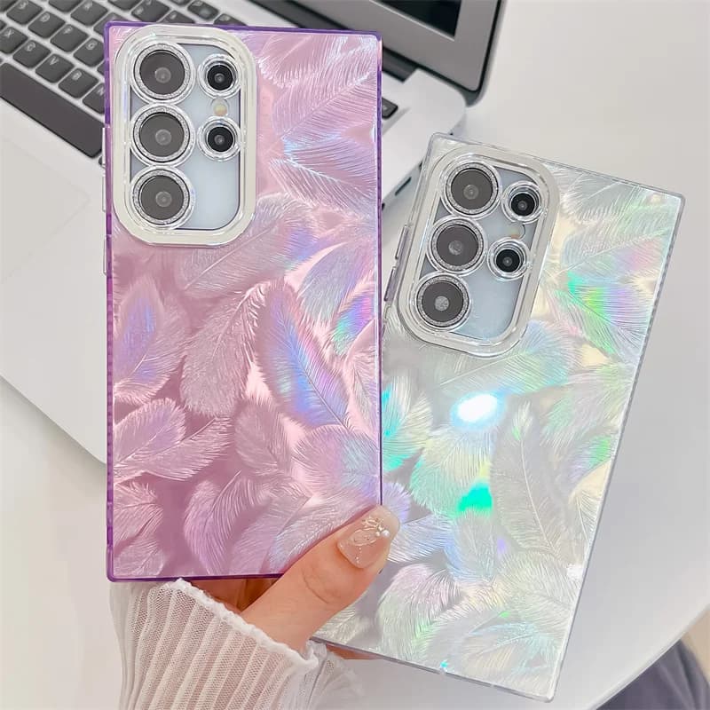 Feather Camlet Phone Case For Samsung Galaxy S25 S24 FE Plus S23 Ultra A16 A36 A56 A55 A54 A15 A25 A35 Hard PC Glitter Cover