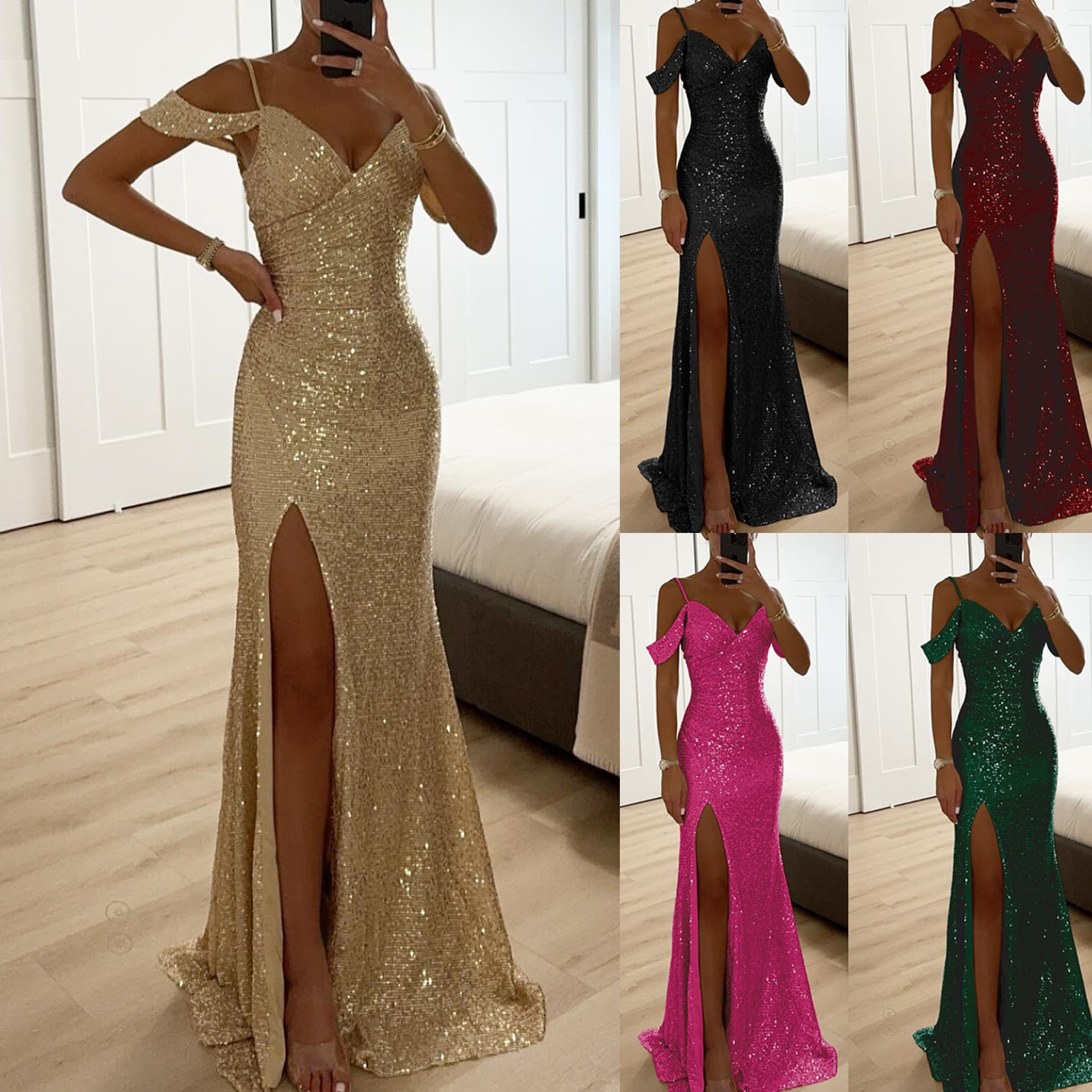 Women's Clothing spring and autumn new sling sequined slit dress INS casual loose party dress